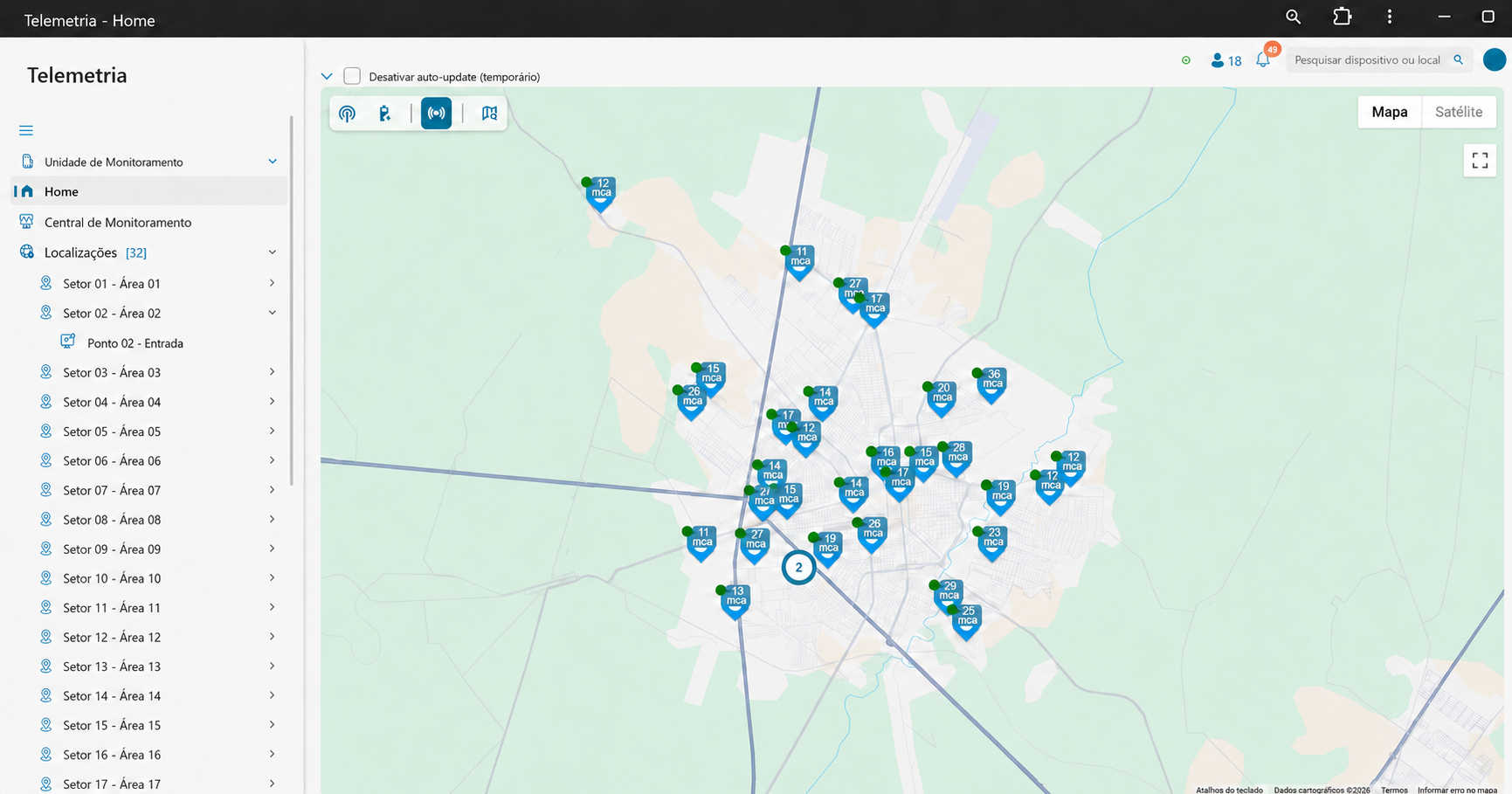 Mapa anonimizado da plataforma Telemetria com pontos de pressão monitorados